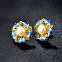 Very long Thai 925 silver artificial freshwater pearl ladies earrings Chinese style temperament earrings cloisonne earrings