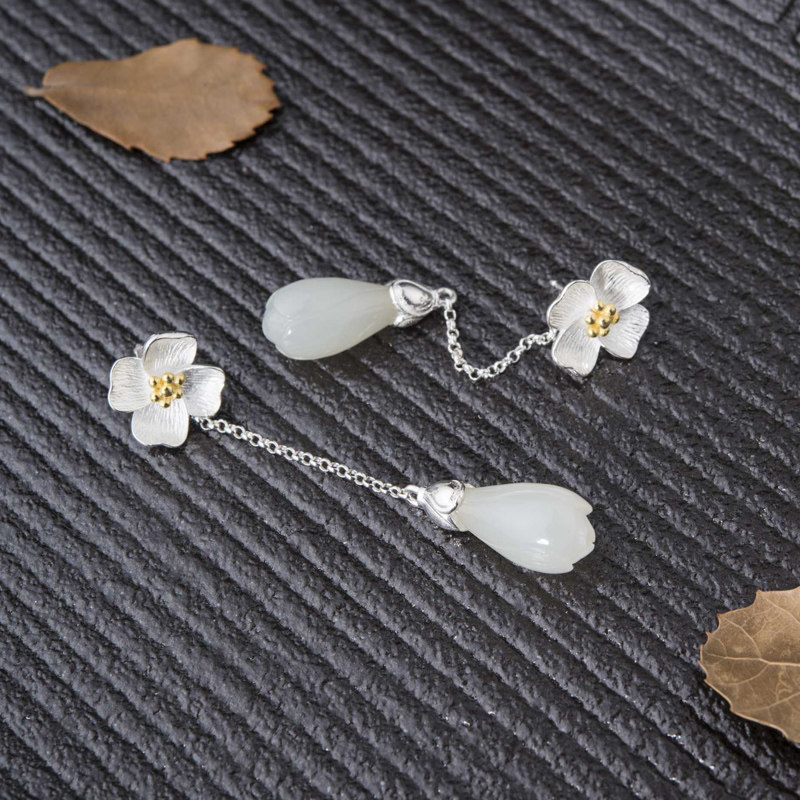 Very Thai and Tian jade S925 silver Chinese style wind net red flowers flower earrings lady with long version of the stream Sueardrops personality temperament