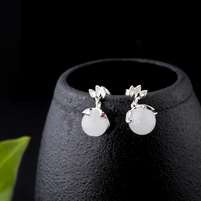 Very Tai Hetian Jade 925 Silver Ear Female hipster Cute Fashion Earrings Personality Temperament Fashion Creative