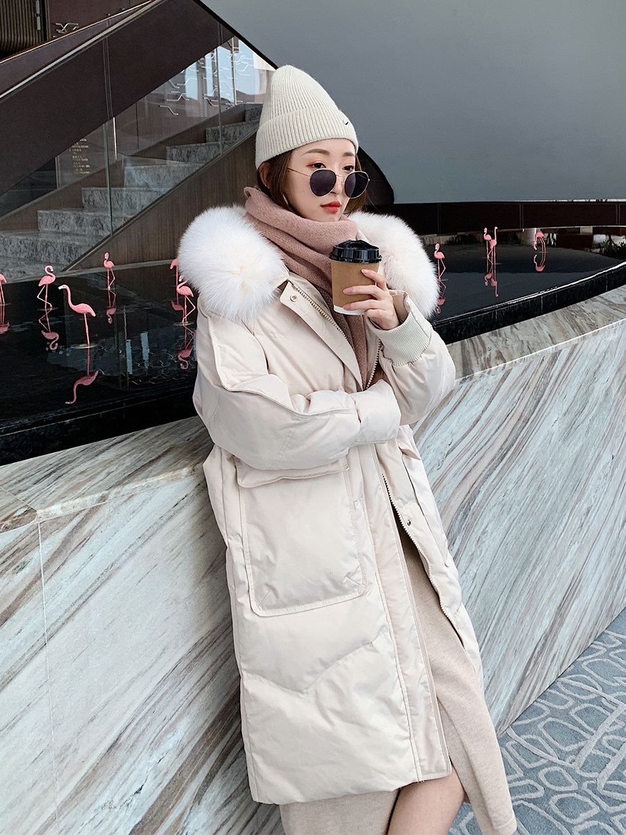 SNICYKER down jacket women's 2022 new winter over-the-knee thickened hooded big fur collar white duck down jacket women