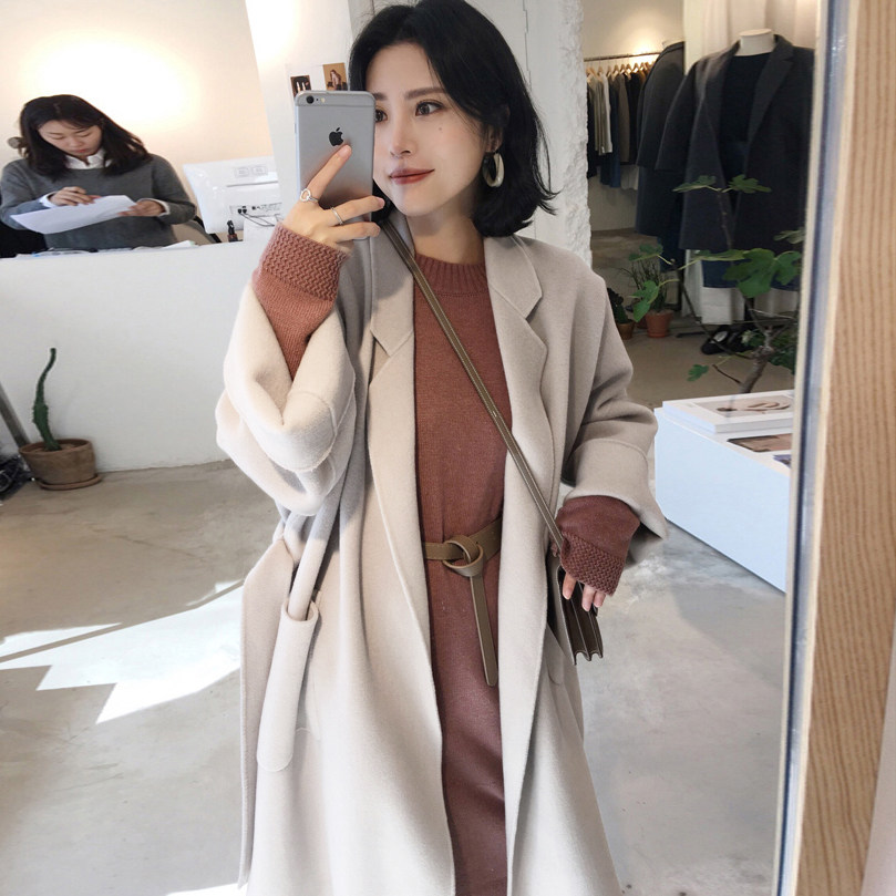 SNICYKER Bifacial Cashmere Dresses Woman Medium Long Version 2021 Years Winter Season Han Tie Loose Lace Wool Coat