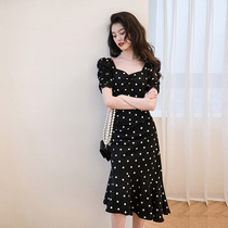 SNICYKER Black Fish Tail Polo Dot Dress Dress Woman Retro Heben Ethos 2022 Summer New Long Dress