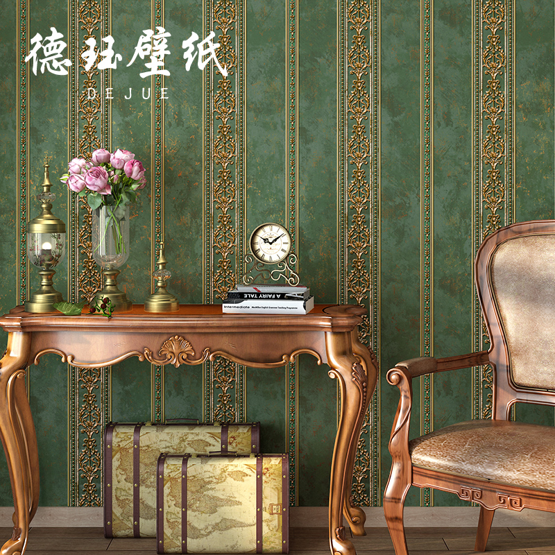 Eurostyle Unwoven Fabric Wallpaper Style Bedroom Lavish Living Room Background Wall Striped Wallpaper American Countryside Retro Green
