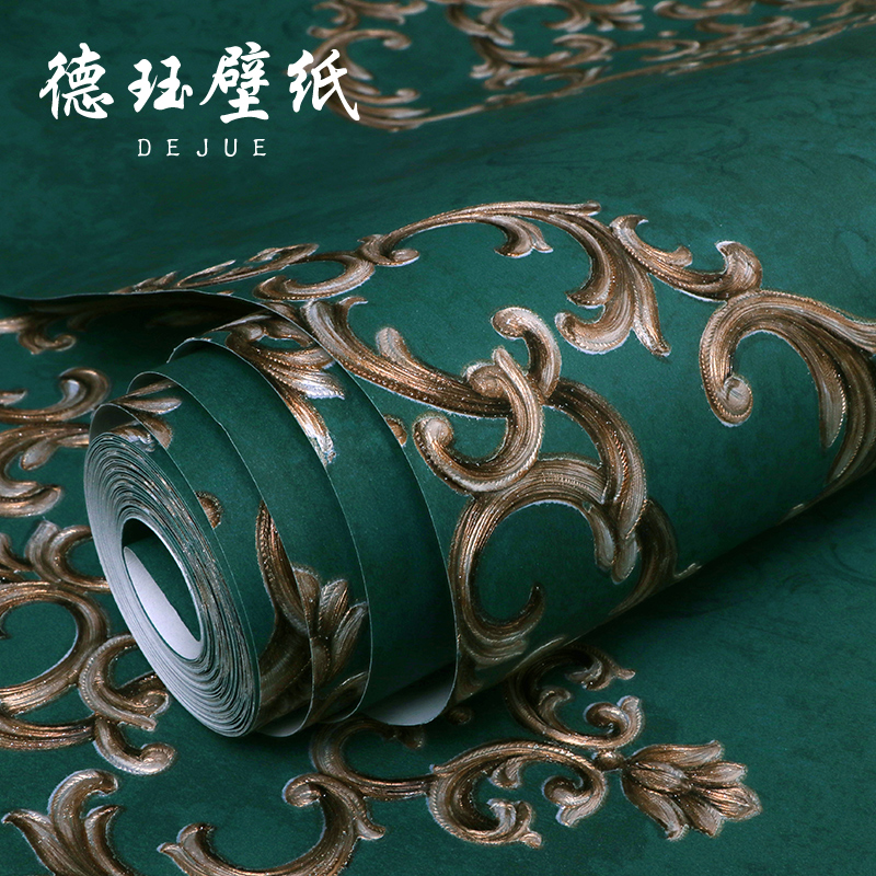 Eurostyle 3D Cubic luxurious wallpaper Damascus ink green unwoven living room background wall wallpaper bedroom American