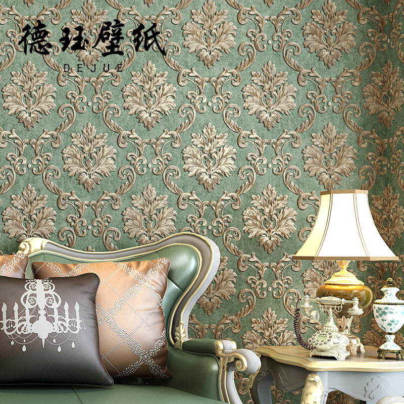 Eurostyle 3D Cubic luxury unwoven Damascus wallpaper Light extravagant living room Bedroom TV wallpaper Green