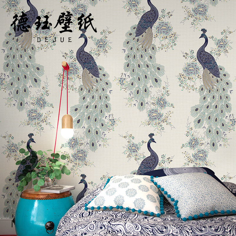 Chinese style wallpaper classical Chinese style embroidery blue peacock wallpaper living room bedroom sofa TV background wall