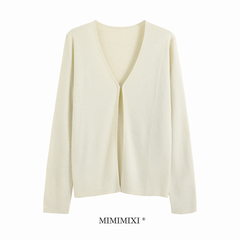 Mimimixi Gentle Beige Wool Knit Cardigan for Women, V-Neck, Single Button, Simple and Elegant Outerwear Top
