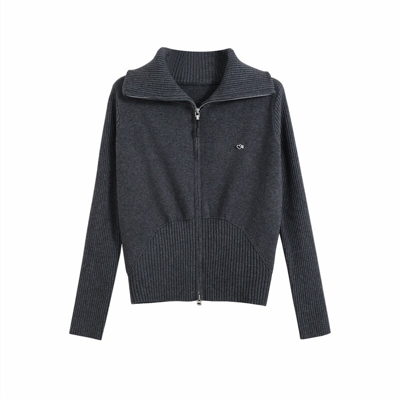 Mimimixi Lapel Double Zipper Knitted Cardigan Women's Autumn and Winter Casual Design Top Slimming Sweater Jacket Mimimixi Lapel Double Zipper Knitted Cardigan Women's Autumn and Winter Casual Design Top Slimming Sweater Jacket