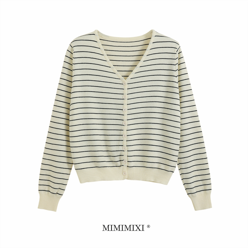 Mimimixi Striped Wool Cardigan Women's 2026 New Autumn Knitted Sweater Jacket V-Neck Top