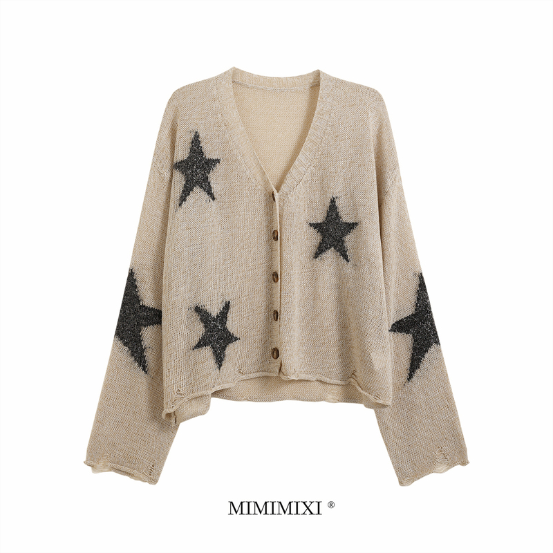Mimimixi V-Neck Shiny Star Knit Cardigan for Women, Vintage Lazy Style Distressed Sweater, Autumn Top Jacket Mimimixi V-Neck Shiny Star Knit Cardigan for Women, Vintage Lazy Style Distressed Sweater, Autumn Top Jacket
