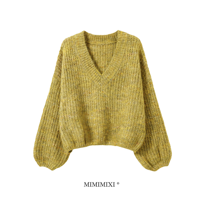 Mimimixi Fine Glitter Floral Yarn V-Neck Sweater Women's Short Top Lantern Sleeve Loose Lazy Relaxed Knitwear