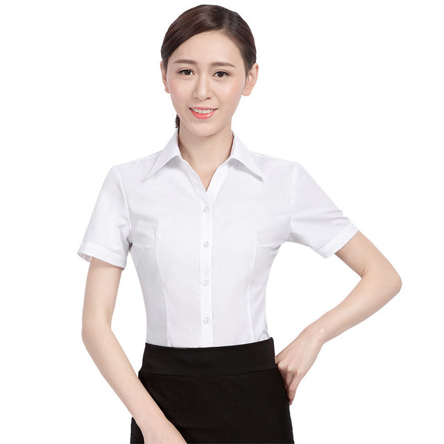 2024 Summer Women's Business Short Sleeve Shirt White Background Blue Stripe Slim Business Wear V-Neck Slim Fit Work Shirt