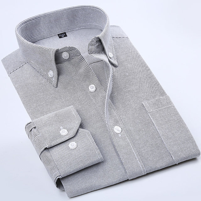 Spring young and middle-aged shirt men's long-sleeved Oxford business formal wear no-iron gray and white striped shirt men's small collar work wear