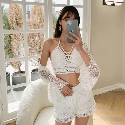 Knitted swimsuit ladies summer two-piece three-four-piece Korean sexy lace flat corner Conservative Super fairy long sleeve blouse