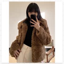 (FARM) Teddy Bear short lazy imitation wool diamond grid jacket niche lapel button design spot