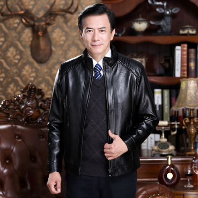 中年男士皮衣秋冬季加绒加厚皮夹克