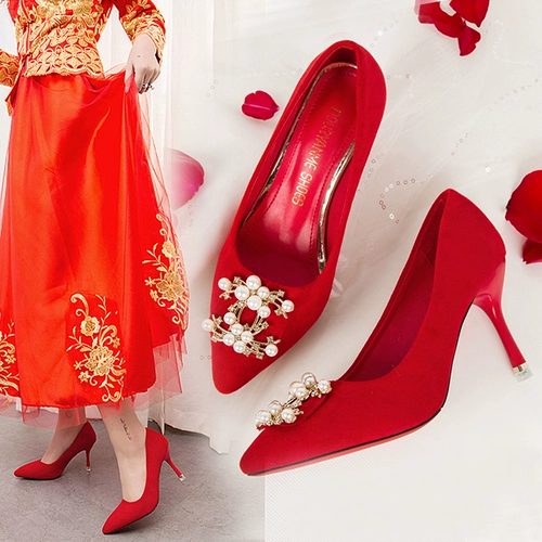 Осенние красные свадебные туфли с заостренным носом, модная высокая рабочая обувь