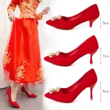 Осенние красные свадебные туфли с заостренным носом, модная высокая рабочая обувь