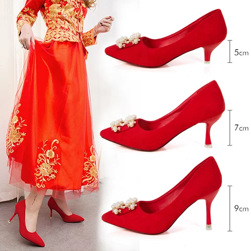 Осенние красные свадебные туфли с заостренным носом, модная высокая рабочая обувь
