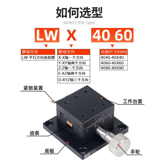 X축 정밀 변위 플랫폼 LWX/LWY/LWZ/2542/4040/4060/90 더브테일 홈형 미세 조정 슬라이드