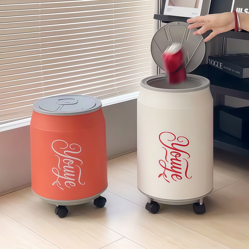 Double-Layer Cola Can-Shaped Household Trash Can with Lid, Press-Type, with Wheels, Movable, for Bedroom and Living Room, with Suction Cup and Bag Holder