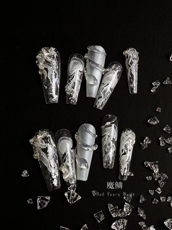 Magic Scale [Ice Jellyfish] Original Design Wearable Nails, Cool and Elegant Watercolor Jellyfish, High-End Handmade Customization