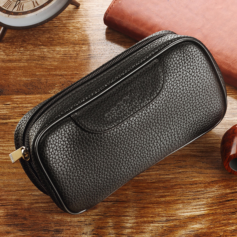 Ai Duo pipe bag leather portable ebony briar wood pipe accessories leather bag men's clutch double bucket