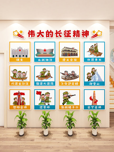 Kindergarten Environmental Innovation Theme Wall Finished Product Red Patriotic Theme Long March Spirit Cultural Wall Sticker Corridor Wall Decoration