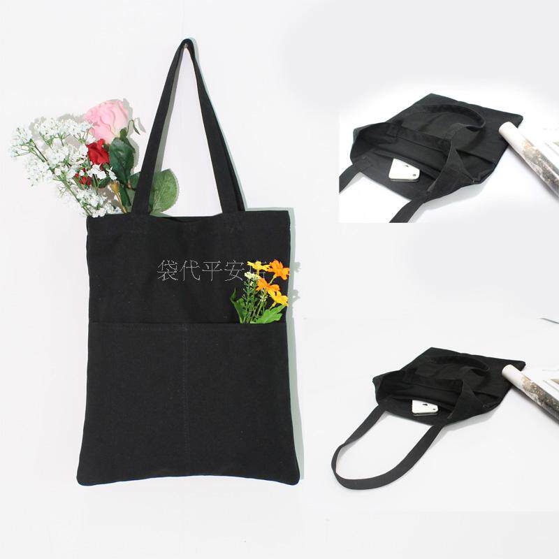 BaoMan E new pure black cotton canvas environmental protection shopping bag shoulder handbag school bag Tote fresh college