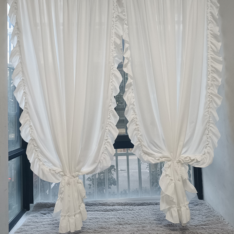 French-Style Ruffled Sheer Curtain in a Fresh, Creamy White Color, Light-Transmitting but Not See-Through, No-Drill Installation, Suitable for Living Room and Bedroom Doors