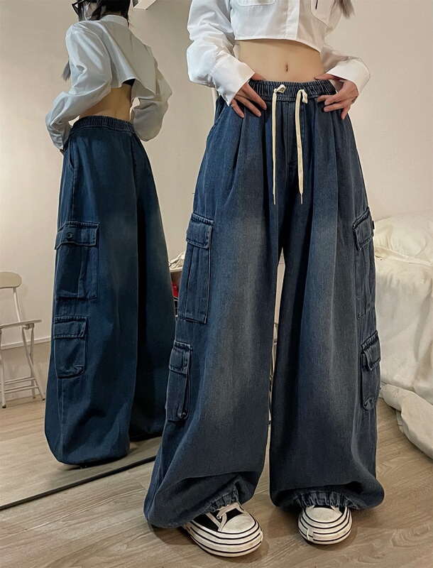 Cool Girl Street Hip-Hop Jeans Workwear American Retro Loose Casual Wide-Leg Pants Trendy