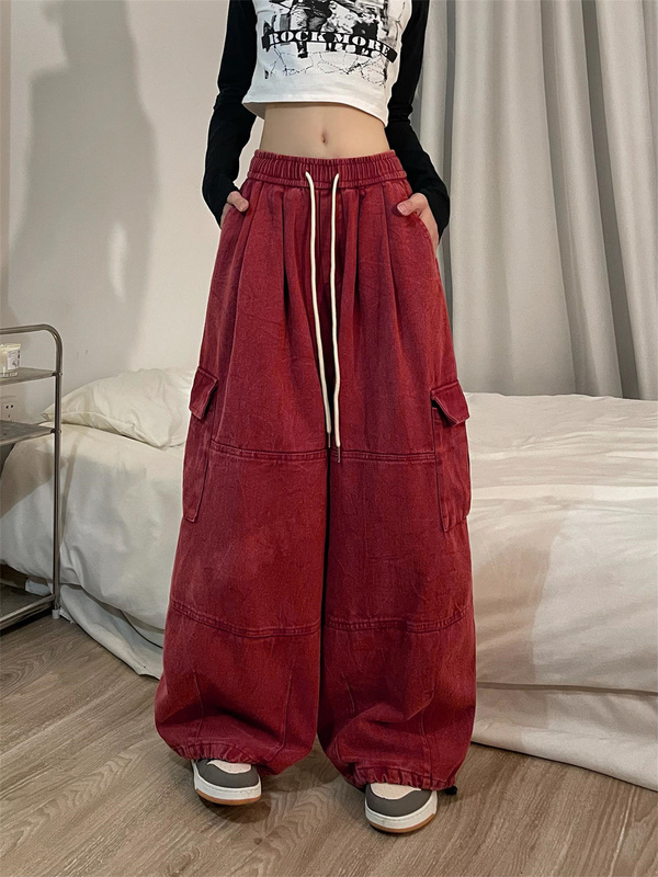 Cool Girl, Chinese Retro Workwear Pants for Women, Spring Pure Cotton Thickened Casual Loose Floor-Length Wide-Leg Pants ins Trend Cool Girl, Chinese Retro Workwear Pants for Women, Spring Pure Cotton Thickened Casual Loose Floor-Length Wide-Leg Pants ins Trend