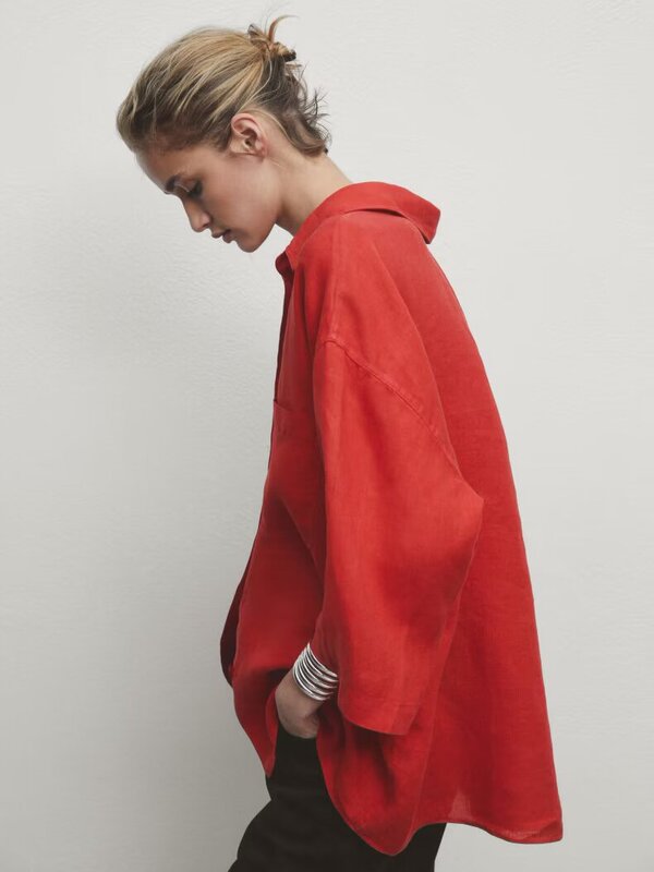 Md Women's New Product French Intellectual Work Clothing Style Red Linen Loose-Fitting Long-Sleeved Shirt 05158681600