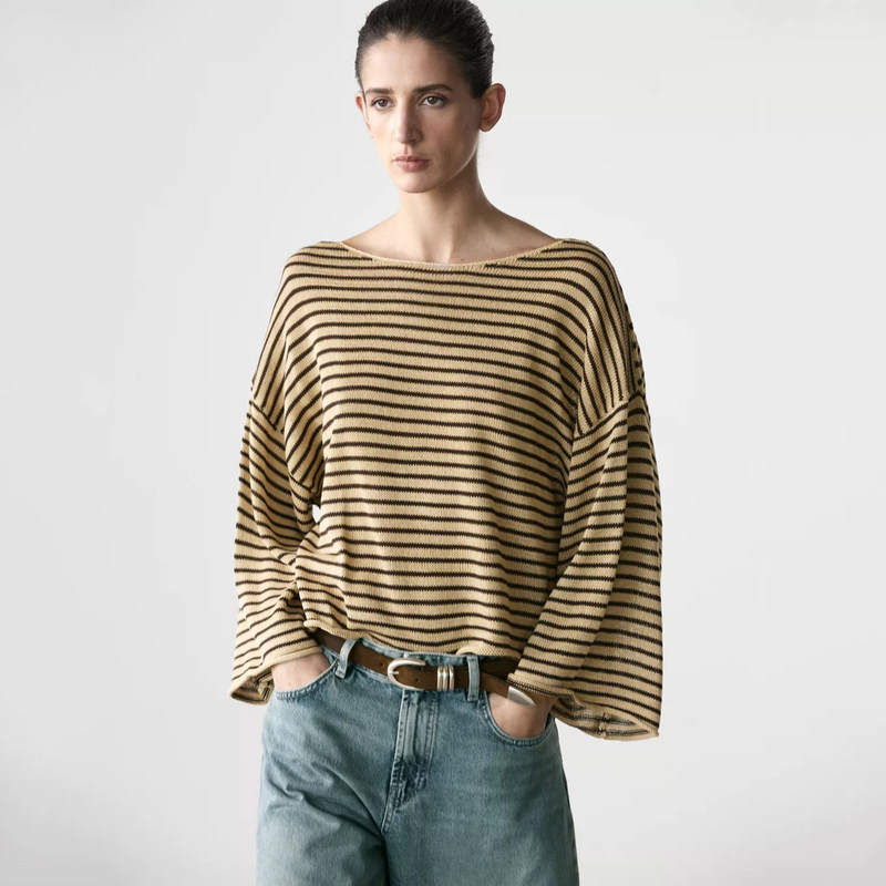 Md Women's New Urban Commuter Style Loose Cotton Sweater Boat Neck Striped Knitwear 05683514707