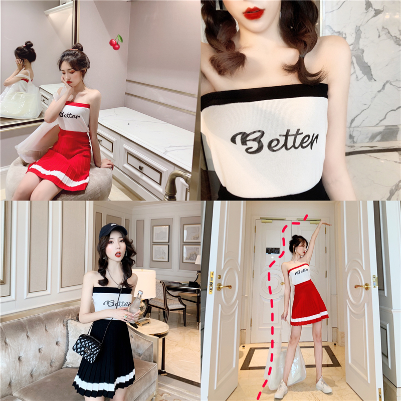 VK旗艦店 韓系性感平口高腰百褶裙套裝短袖褲裝