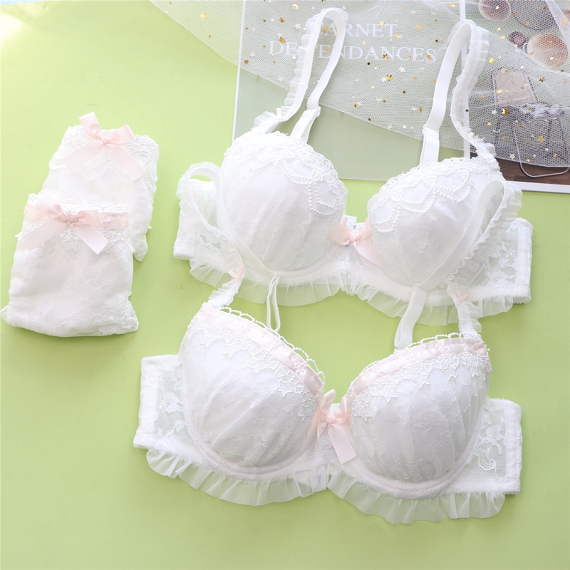 Sweet cute girl heart bra set Japanese thin lace mesh summer sexy underwear bow bra