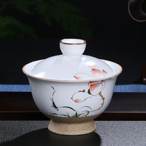 Hand-painted white porcelain Furong three-cai cover bowl Antique handmade blue and white ceramic tea bowl Kung Fu tea tea Ceremony tea cup