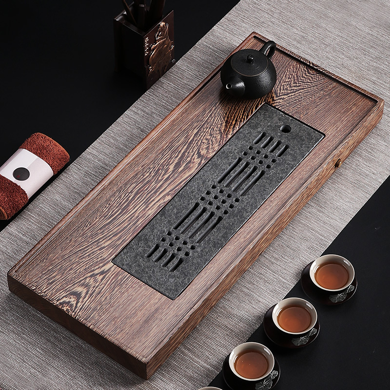 Wenge wood tea tray solid wood household storage type water storage tea sea whole piece black stone small set simple small tea table