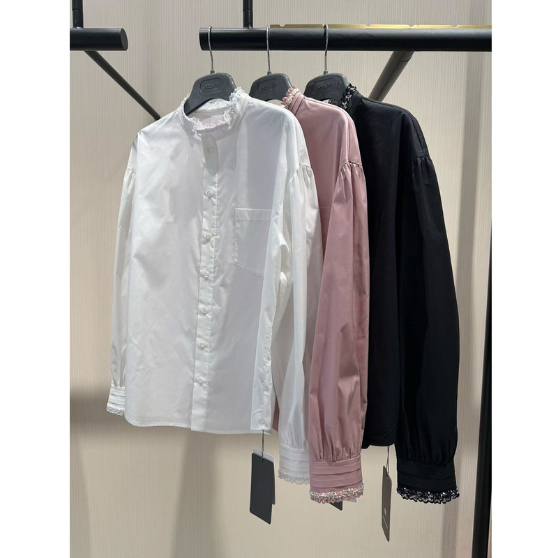 Authentic Amash Women's Clothing 2026 Spring New Style Elegant Lace-Trimmed Patchwork Stand-Up Collar Sweet and Stylish Long-Sleeve Shirt