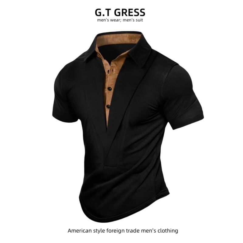G.T Gress~ Foreign Trade Men's Large Size Summer Outdoor Retro Casual Fashion Shirt Stand Collar Short Sleeve Henley Shirt