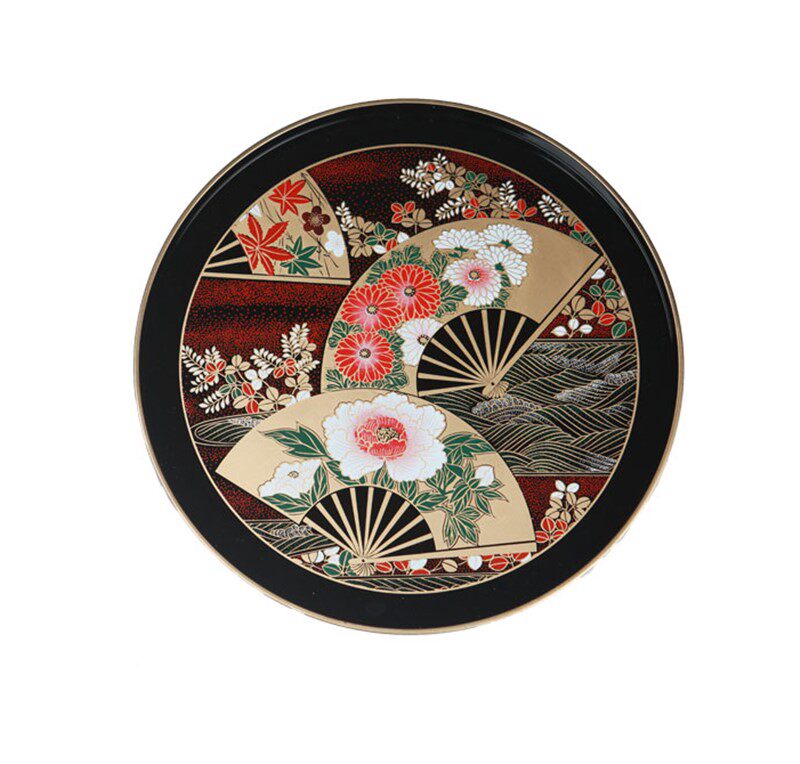 Japanese Imported Mountain China Lacquer Gold Leaf Dance Fan Tea Tray Home Retro Cutlery Tray Fruit Tray Traditional Day Style Dinner Plate