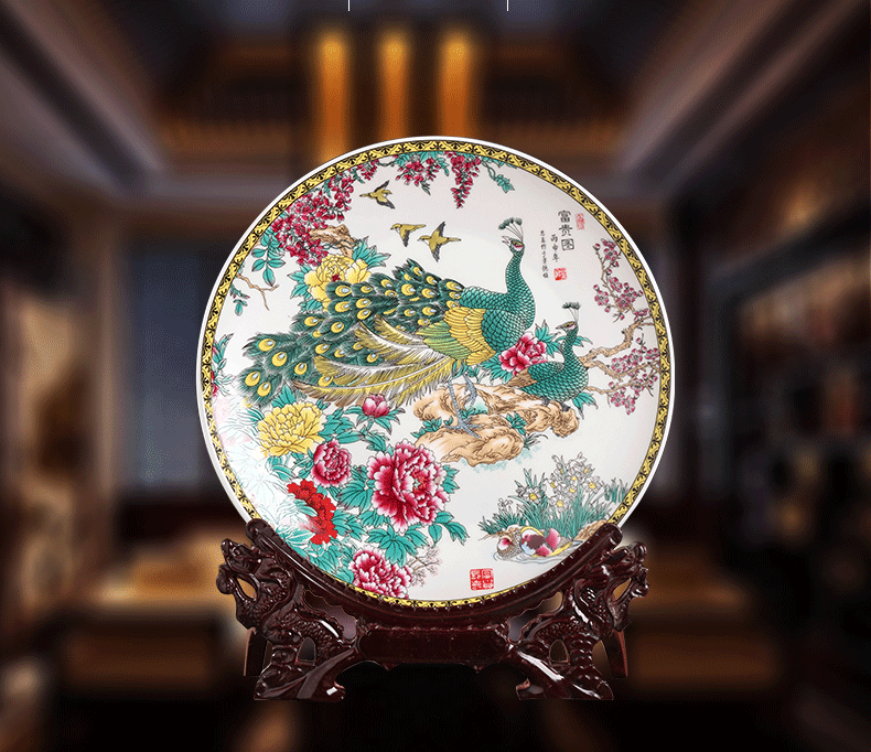 Jingdezhen chinaware decorative sit hang dish plate blooming flowers home sitting room adornment desktop furnishing articles