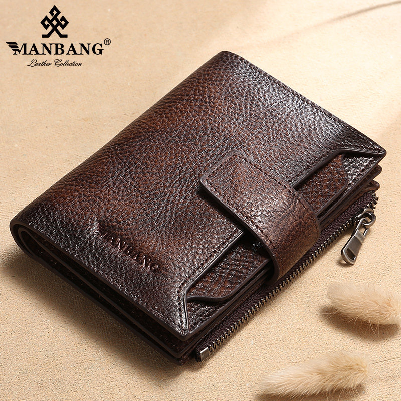 Manbang Wallet Men Leather 2021 new header skin driver license zipper large capacity anti - theft brush short wallet