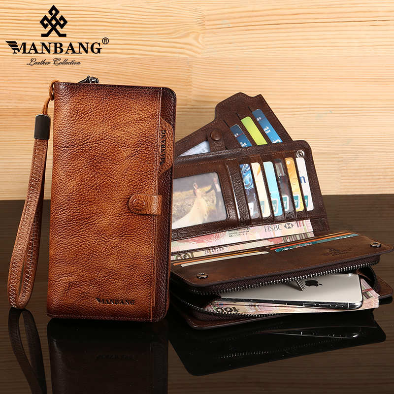 Manbon men's wallet long leather large capacity multi-purpose driver's license wallet zipper cowhide clutch bag man