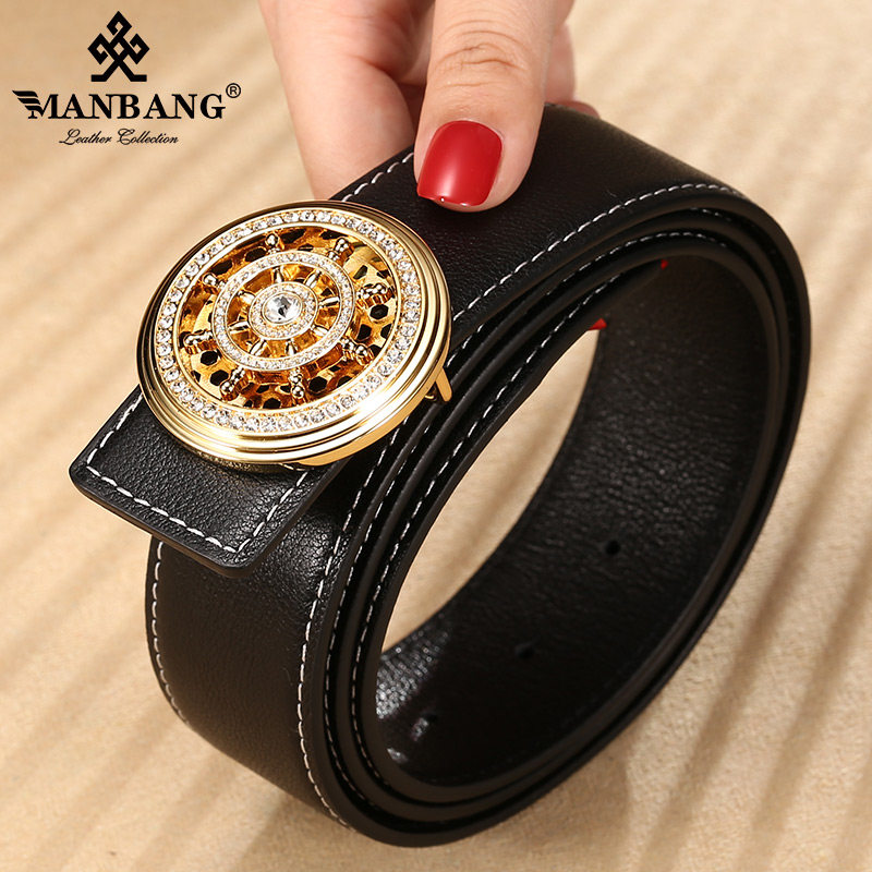 Manbon time to run rotating belt men's inner wear smooth buckle pants with head layer cowhide leather men's belt