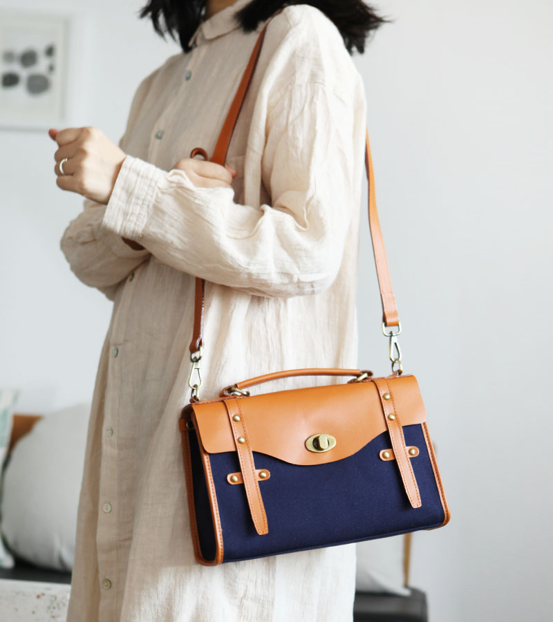 Cloth Valley Forest Women's Bull Leather Handbag Single Shoulder Diagonal Satchel Canvas Bull Leather Collage 100 lap Art Girl Pack B174