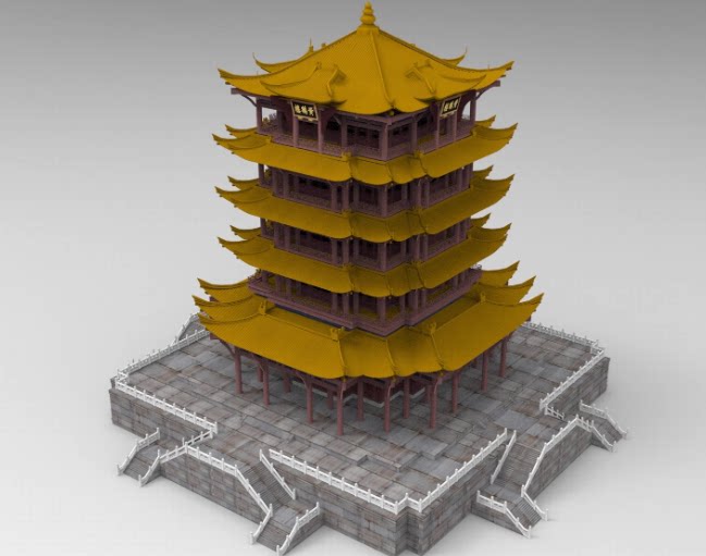 C4D卡通黄鹤楼FBX中式建筑STL三维模型OBJ设计素材Blender参考