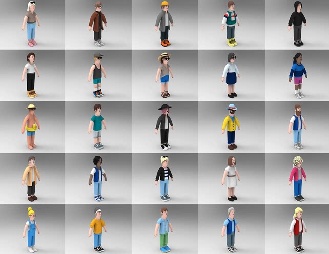 C4D FBX STL OBJ低面卡通人物角色少年老年女性带骨骼三维3D模型