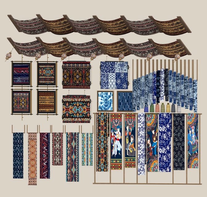 中式布料合集刺绣蜡染布民族风墙饰布艺吊顶布SU模型C4D素材FBX