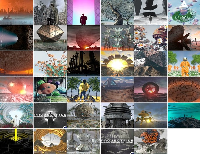 C4D创意场景巫师花卉山洞科幻几何宇航员建筑夜晚外星球模型